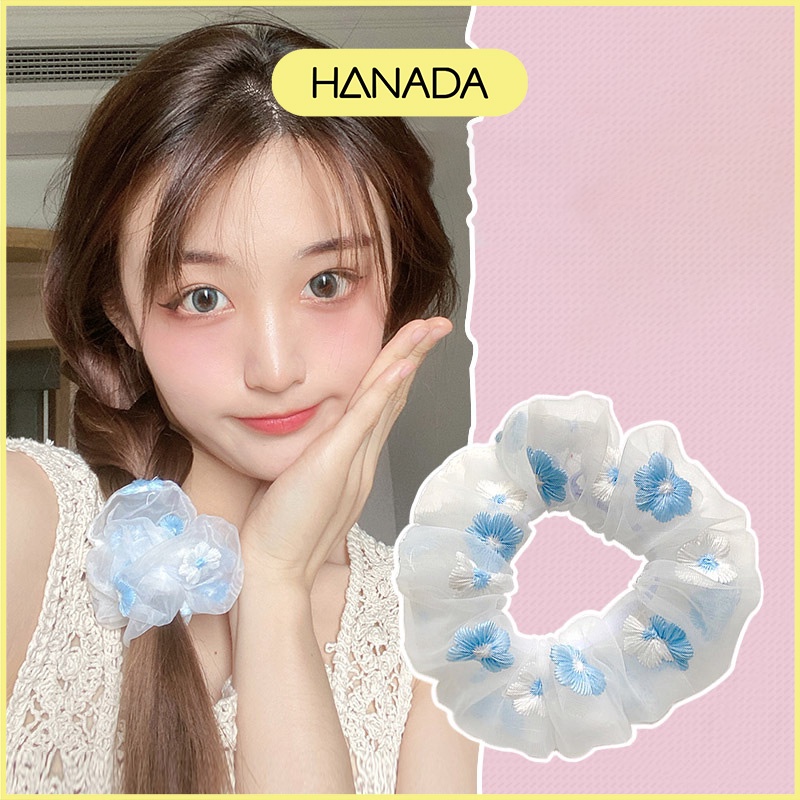 Dây Buộc Tóc Vải Hình Hoa Thêu, Cột Tóc Scrunchies Màu Pastel Xanh Hồng Dễ Thương Hanada K4-V005