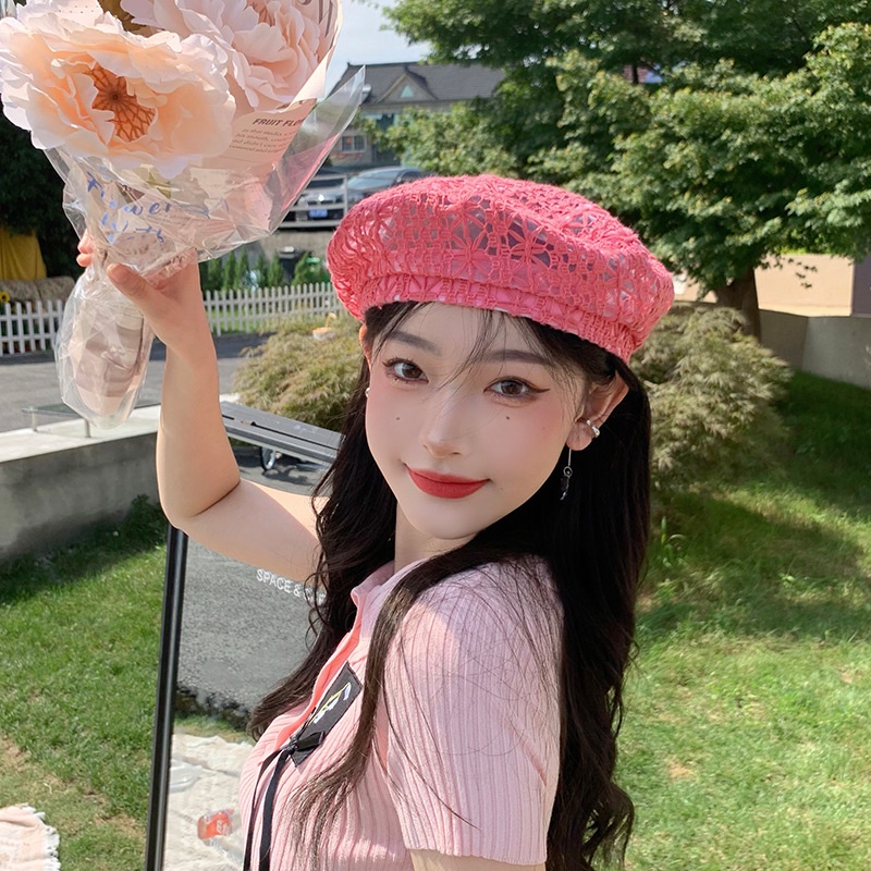 Nón beret phối ren màu trơn thoáng khí thời trang Hàn Quốc cho nữ