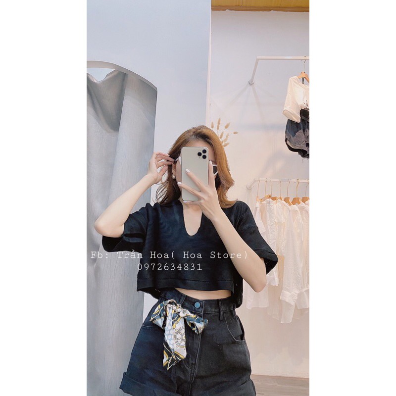 áo len cổ V croptop hot hit - phiên bản cộc tay (bz97-1#) | BigBuy360 - bigbuy360.vn