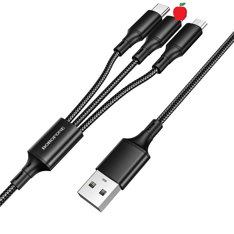 Cáp sạc 3 đầu ip/ Micro/ typeC Borofone BX50 Fresco dài 1m, max 2.4A