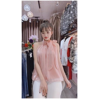 Áo cổ yếm voan tơ lụa thắt nơ Cực Xinh