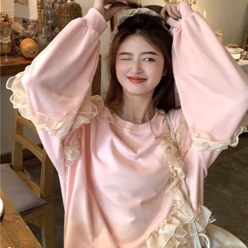 Áo sweater Dáng Rộng Nhiều Lớp Ren Hồng Ngọt Ngào Mùa Thu Hàn Quốc Dễ Phối Đồ Cho Phụ Nữ Trung Niên