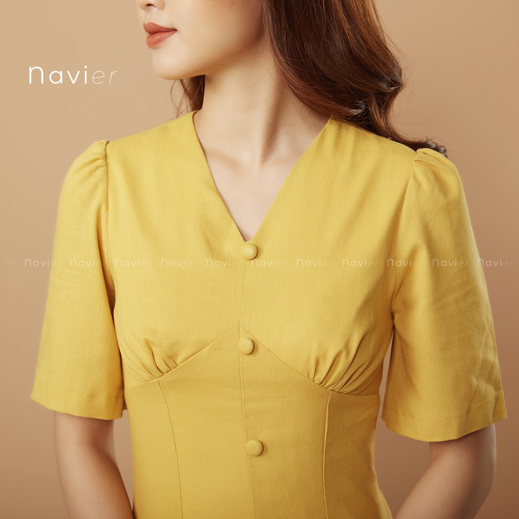 ĐẦM DÀI TAY PHỒNG DÁNG ÔM - VÁY THIẾT KẾ CỔ V CÔNG SỞ ĐI CHƠI DỰ TIỆC LINEN DRESS D03 NAVIER