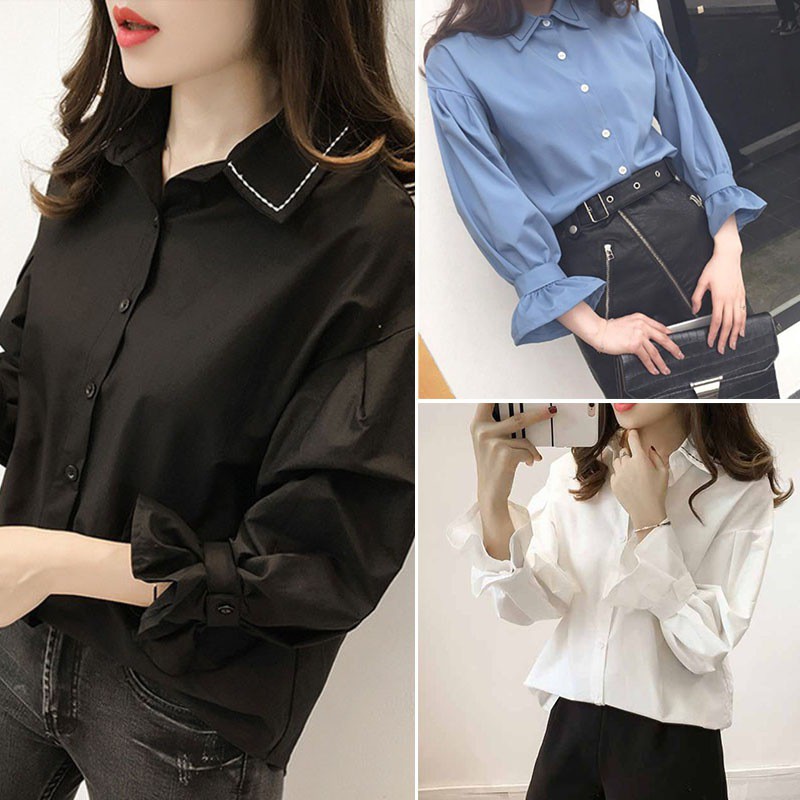 Áo sơ mi cổ bẻ dài tay phong cách Hàn Quốc trẻ trung thanh lịch dành cho nữ | BigBuy360 - bigbuy360.vn