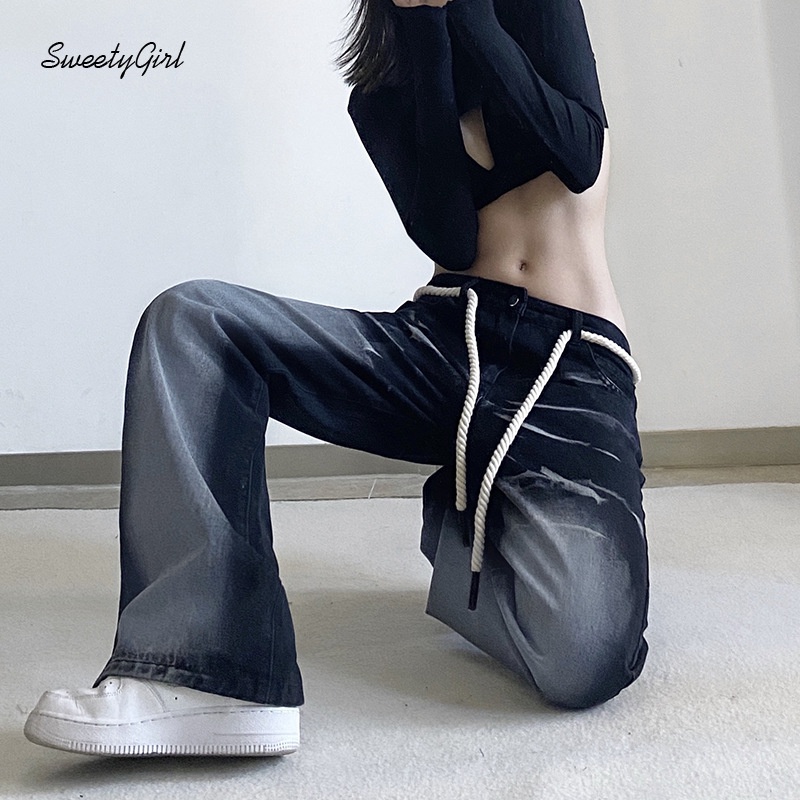 Quần Jeans Dài Ống Rộng Lưng Cao Phối Dây Rút Thời Trang Cho Nữ