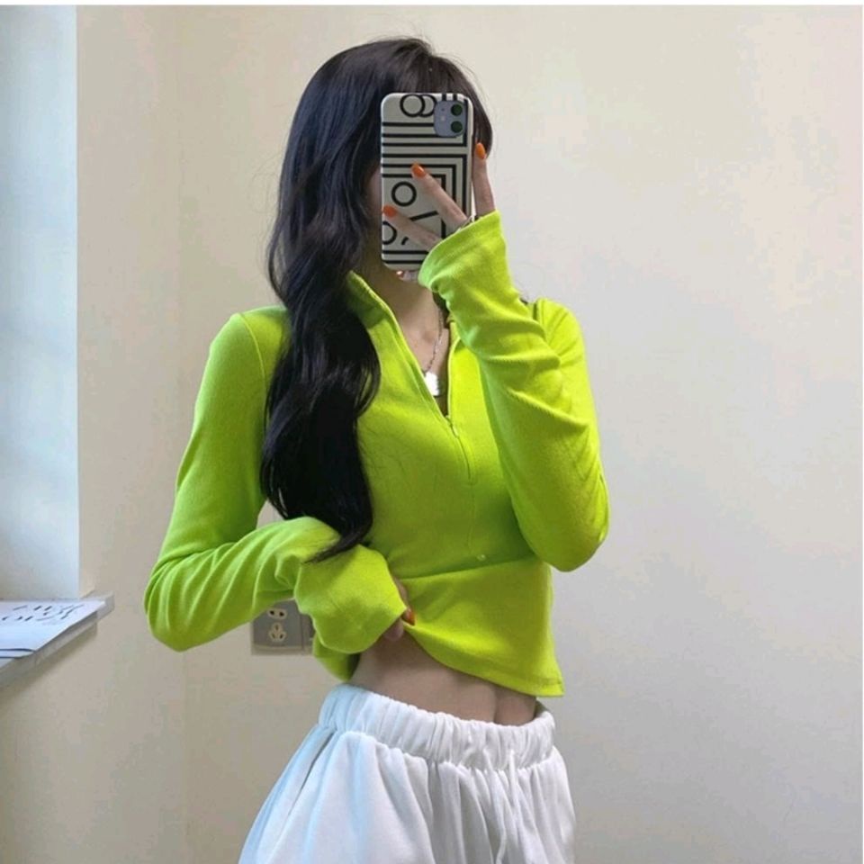 Áo Thun Lưng Cao Hở Rốn Màu Xanh Lá Dạ Quang Phong Cách Âu Mỹ Cho Nữ
