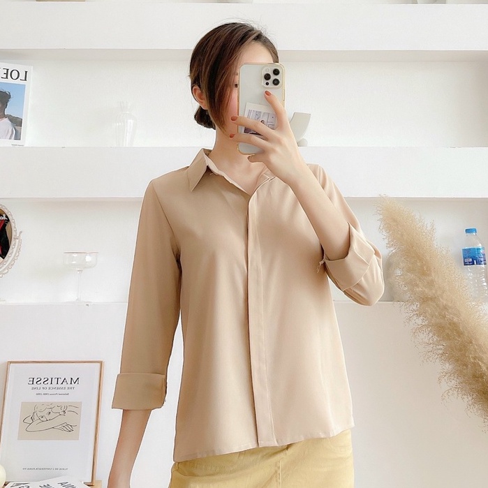Áo sơ mia lụa cao cấp 💚 Áo sơ mi nữ công sở dài tay trơn màu | BigBuy360 - bigbuy360.vn