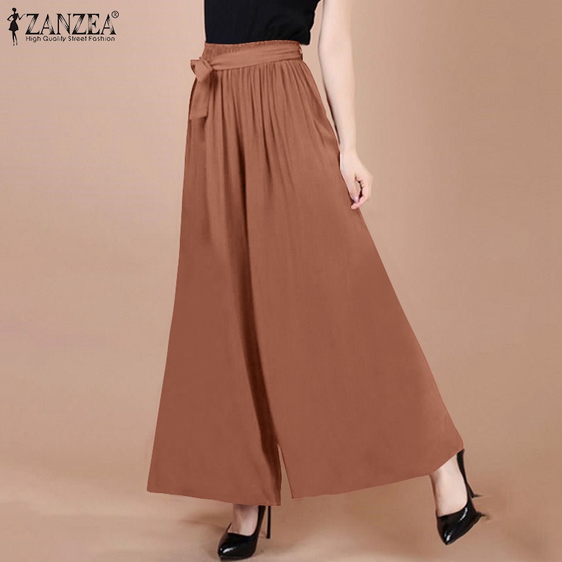 Quần ống rộng ZANZEA lưng thun co giãn có thắt lưng giản dị thời trang dành cho nữ