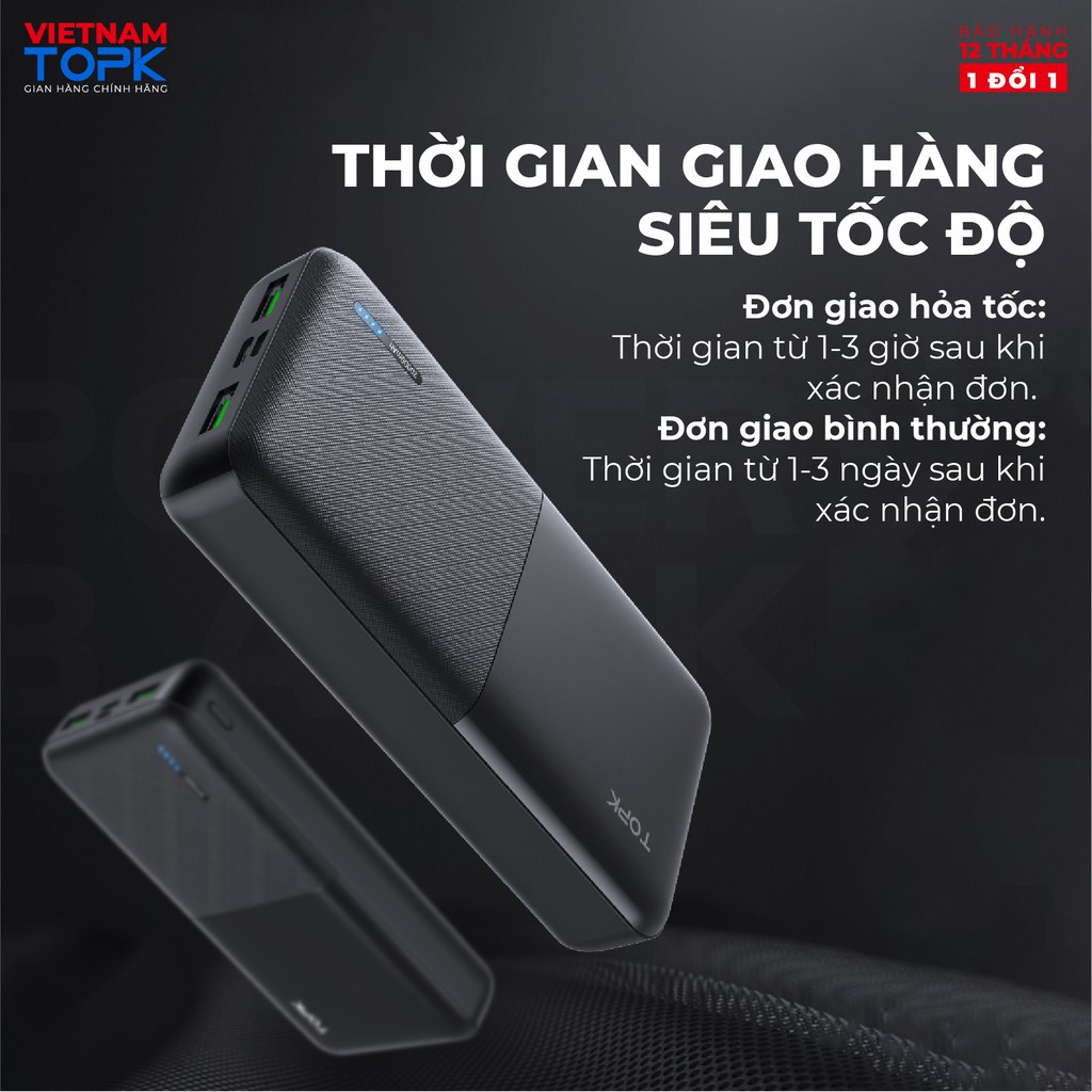 Sạc Dự Phòng TOPK I2009 20000mAh - Cổng USB Kép, Thiết Kế Nhỏ Gọn Tiện Lợi Cho Xiaomi/ Samsung/ iPhone