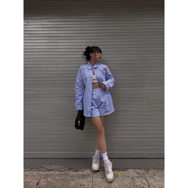 Set Somi năng động cá tính trendy TAY DÀI gồm áo somi sọc tay dài và quần short sọc