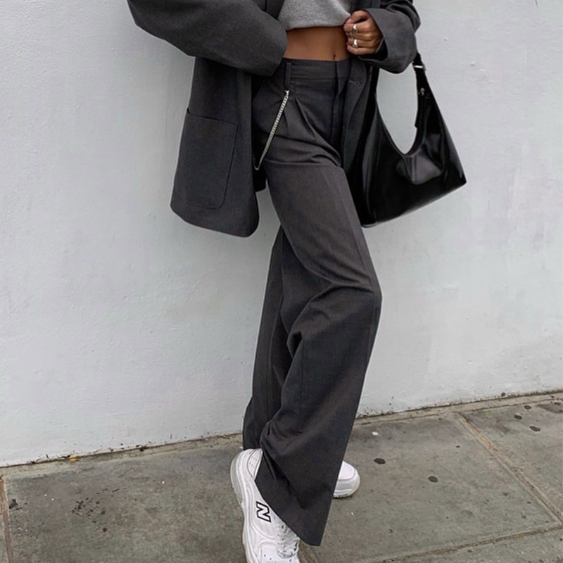 DUNEA Quần Dài Lưng Cao Phối Túi Thiết Kế Màu Trơn Thanh Lịch Thời Trang Công Sở