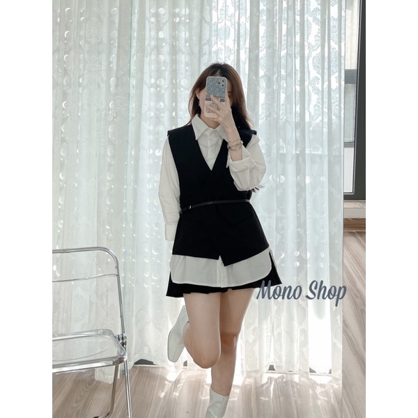 set sơ mi trắng form to kèm áo ghile đen và nịt (Ảnh thật/ sẵn )