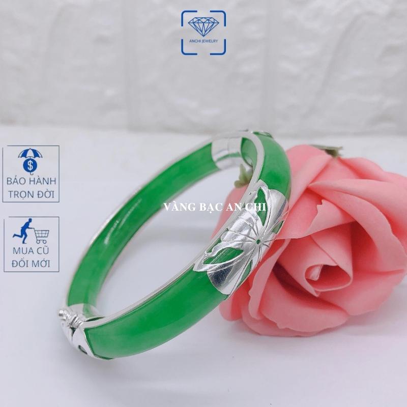 Vòng tay ngọc xanh liền khối bản đũa bọc bạc, Anchi jewelry