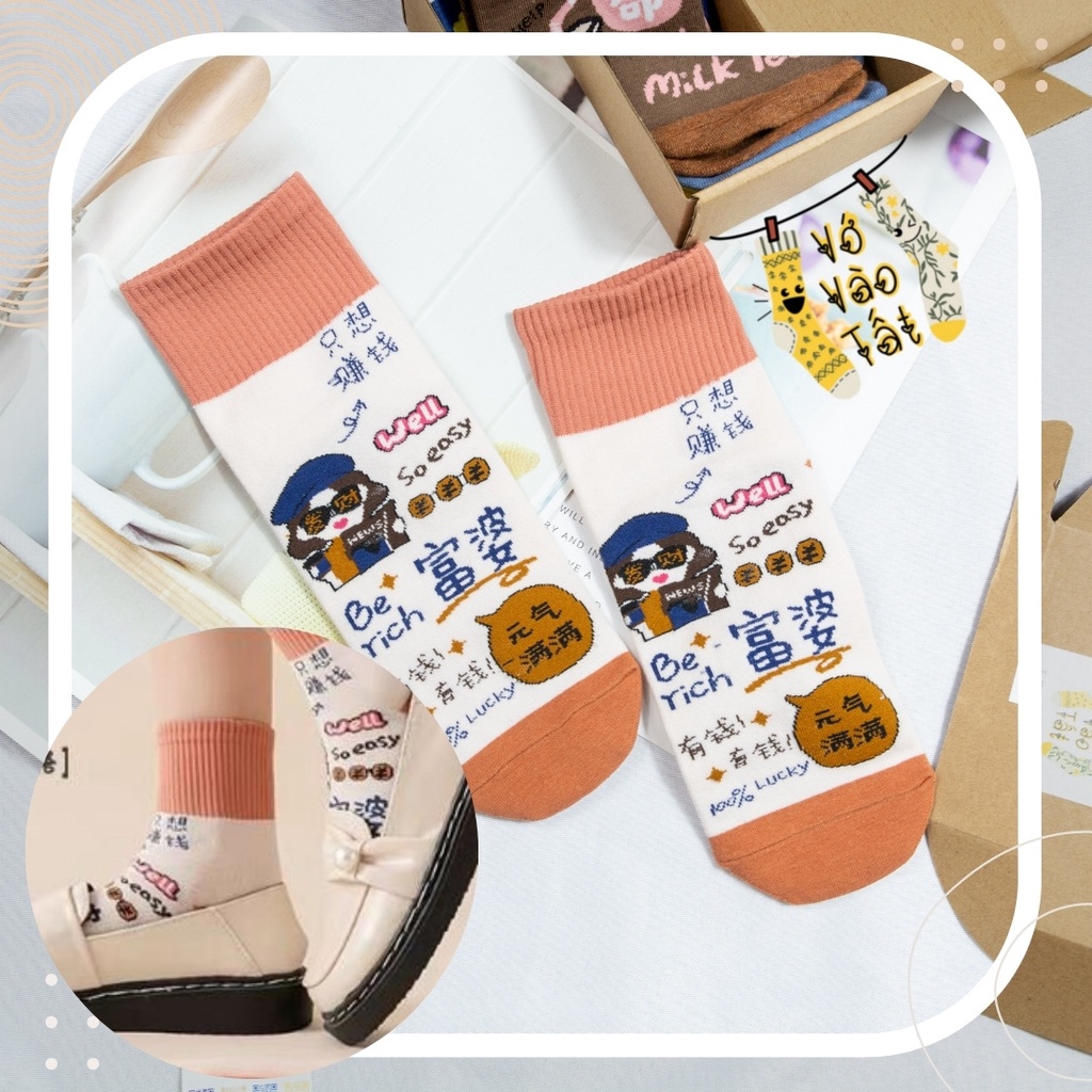 TẤT VỚ CỔ CAO HỌA TIẾT HOẠT HÌNH TRÀ SỮA