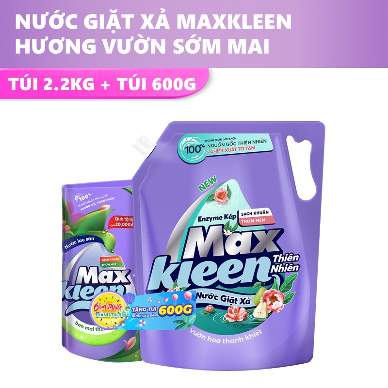 Combo Túi nước giặt xả MaxKleen 2.4kg/2.2kg + Túi nước lau sàn MaxKleen 600g ban mai thanh mát, vườn hoa thanh khiết