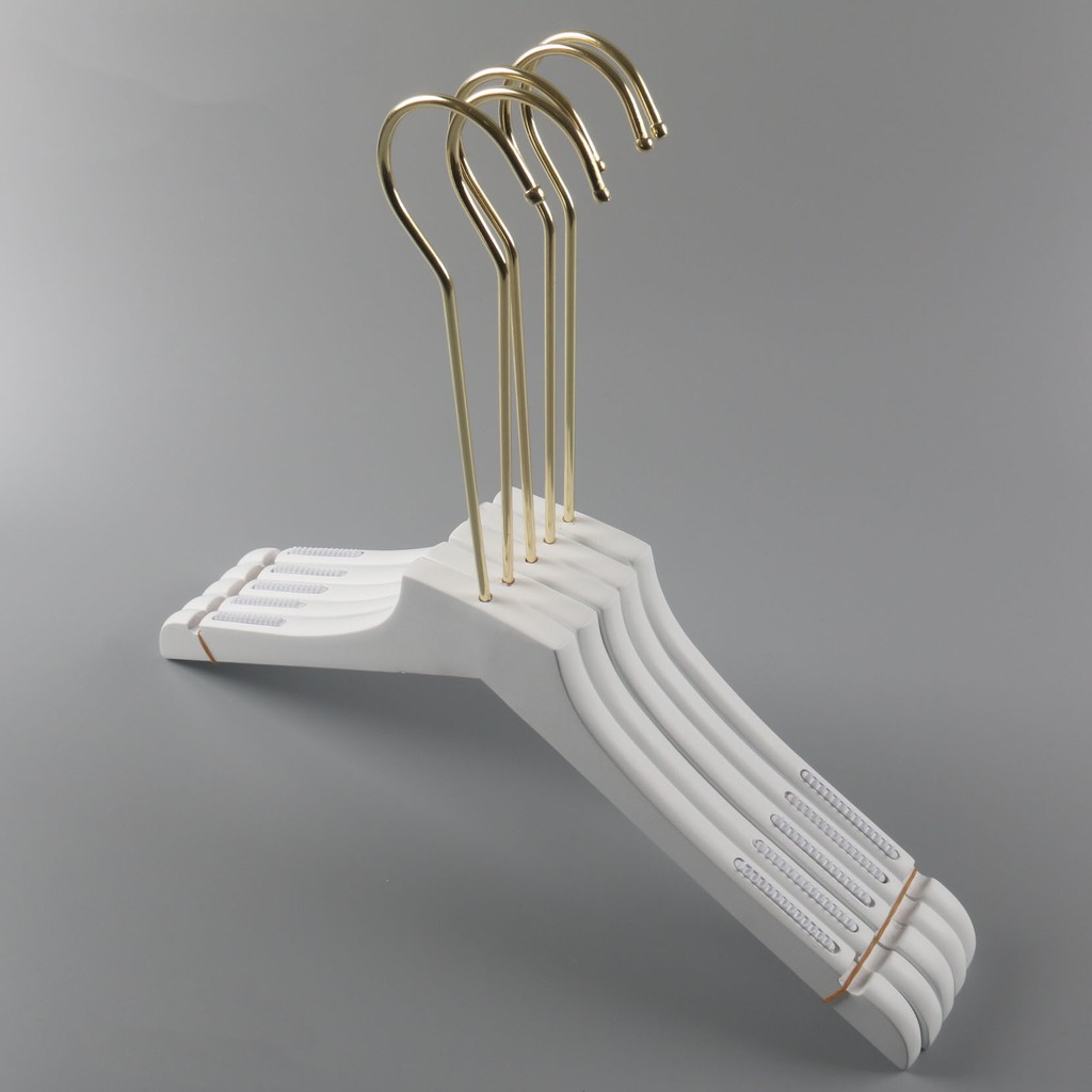 Móc Gỗ Trắng Treo Quần Áo Đầu Móc Vàng Luxury (1 móc)