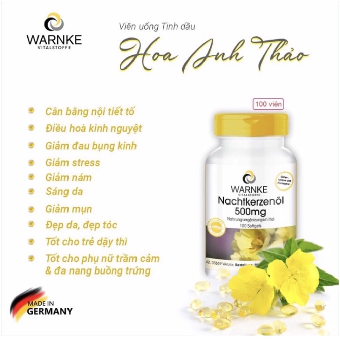Tinh dầu hoa anh thảo Warnke Đức dưỡng tóc mượt, giảm rụng tóc hộp 100 viên - Shop Viloet