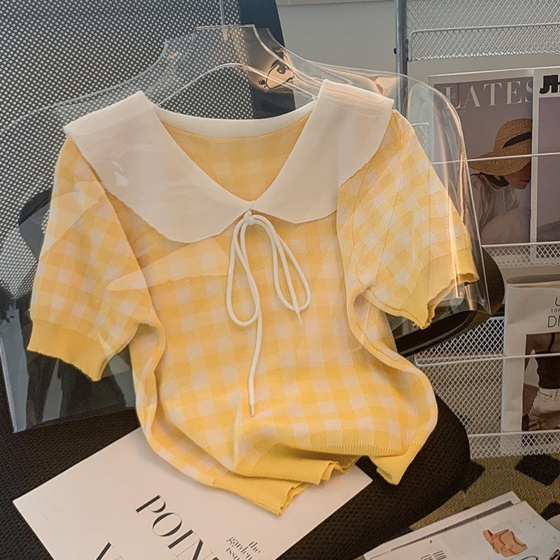 Áo Thun Dệt Kim Tay Ngắn Cổ Polo Họa Tiết Kẻ Sọc Thời Trang Mùa Hè Mới Dành Cho Nữ