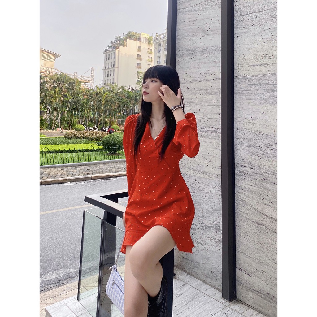 [Mã FAGREEN1505 giảm tới 30K đơn 99K] [FOUR6] Váy nữ dài tay dáng xòe bo eo họa tiết chấm bi | BigBuy360 - bigbuy360.vn