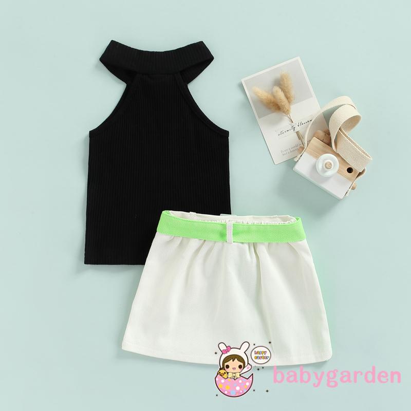 Bộ Áo Dệt Kim Không Tay Màu Trơn + Chân Váy Ngắn Màu Sắc Tương Phản Kèm Thắt Lưng Dành Cho Bé Gái 2-7 Tuổi