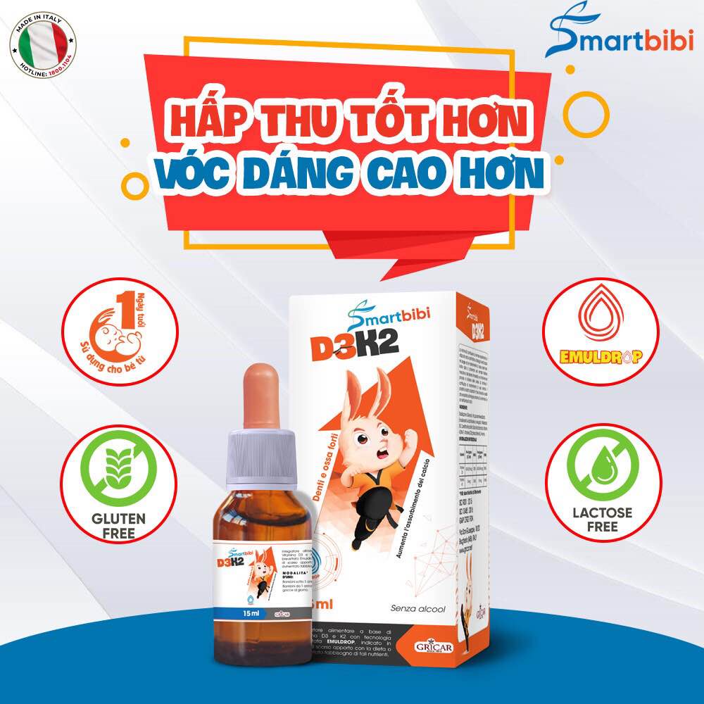 Smartbibi D3K2 Bổ sung vitamin D3 K2 Tăng cường hấp thu canxi Giúp xương răng chắc khỏe Lọ 15ml