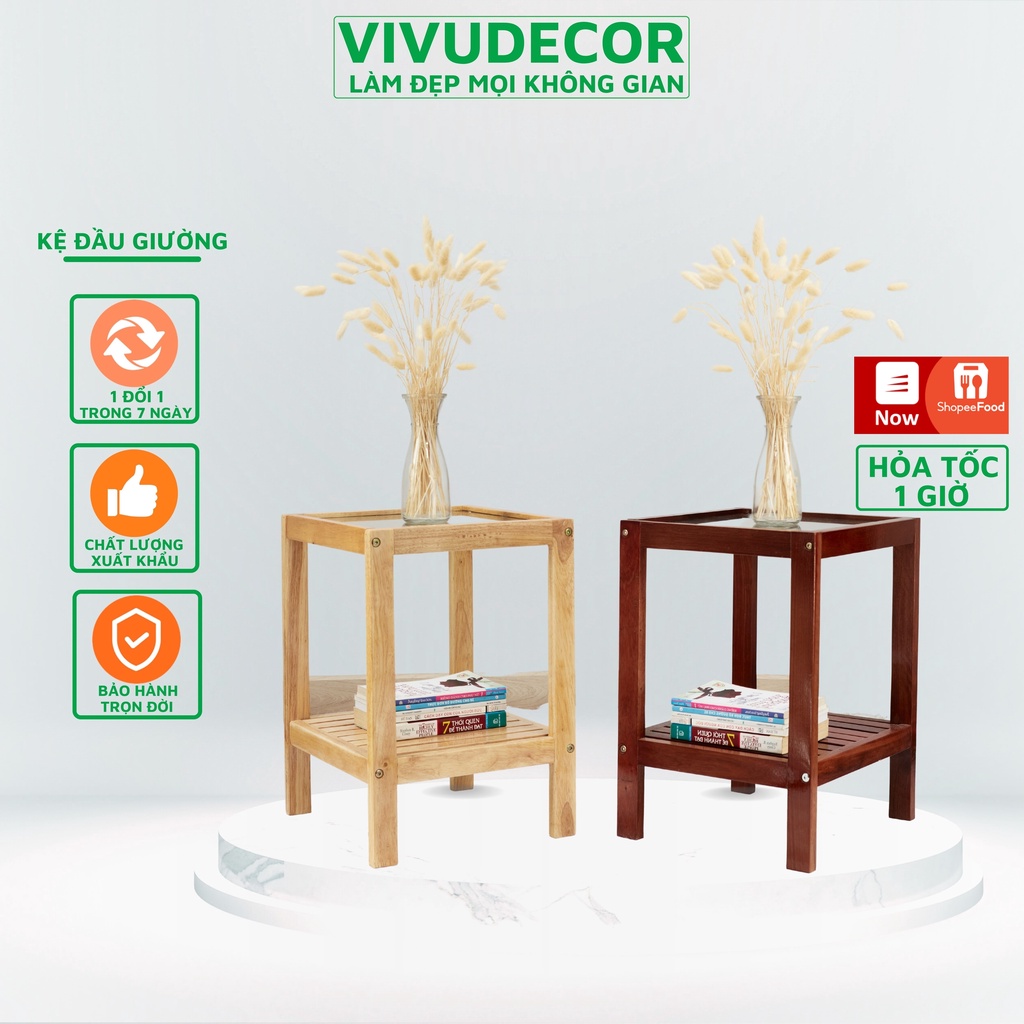 Kệ đầu giường Vivudecor 100% gỗ tự nhiên, Kệ gỗ 2 tầng lắp ráp đa năng sang trọng chất lượng Xuất Khẩu