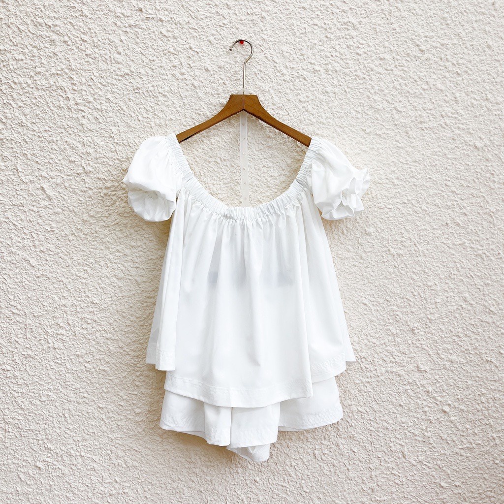 Set Bộ áo Trễ Vai Nữ Tay Bồng Kèm quần short chất thô mềm-áo babydoll nữ quần sooc ống rộng về 3 màu hồng xanh cốm trắng