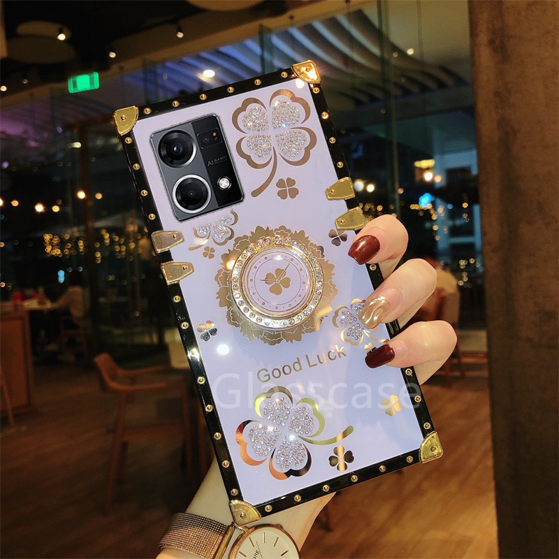 Ốp Điện Thoại Hình Cỏ Ba Lá Đính Đá Gắn Nhẫn Đỡ Cho Oppo Reno 7 7Z 8 5 6 Pro Reno7 Reno8 Z 4G 5G