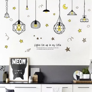 Decal dán tường đèn vàng và mèo( tranh ghép)