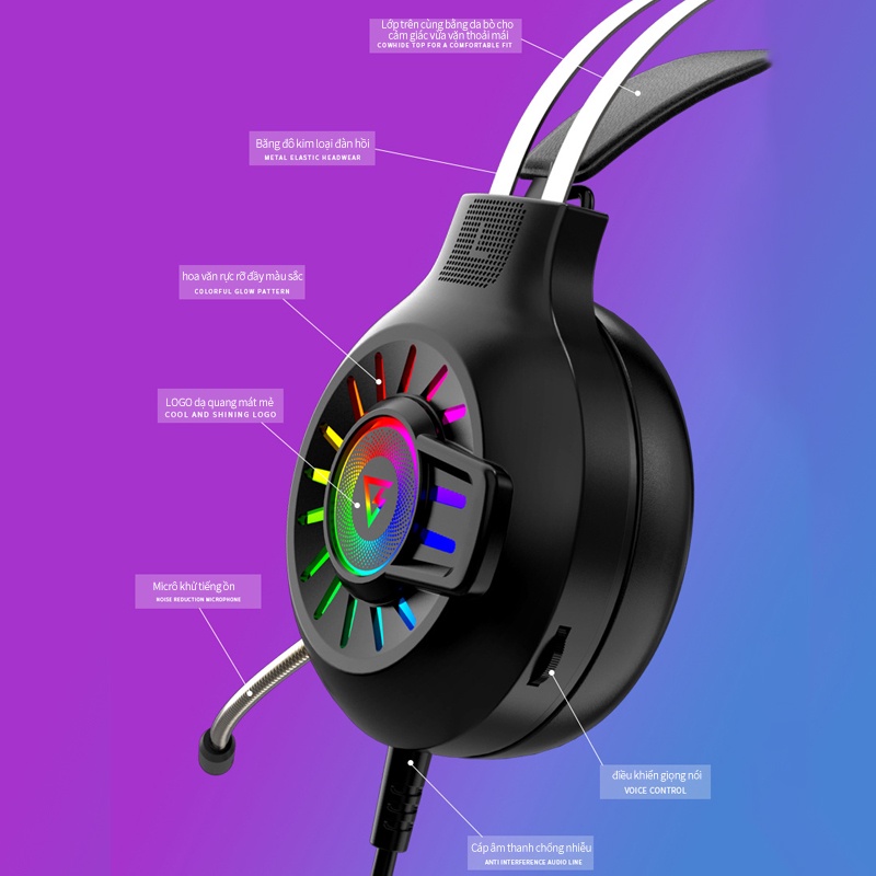 Tai nghe gaming  headphone H300 RGB phát sáng  chơi game màng bass kim lọai  âm thanh trầm kèm microphone