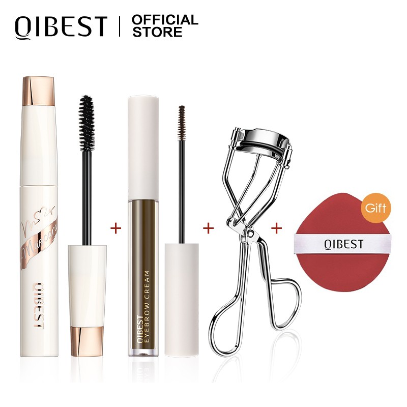 Bộ mỹ phẩm 4 món gồm mascara / gel kẻ chân mày / bấm mi / mút QIBEST 90g