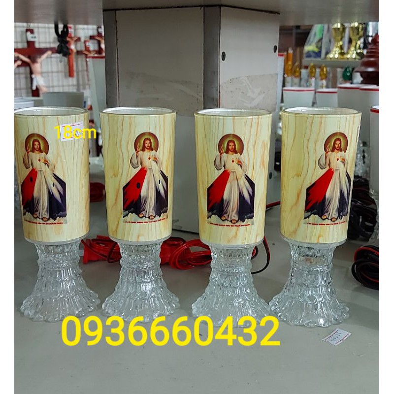 Bộ đèn ly thủy tinh điện bàn thờ công giáo 15cm có in hình Chúa hoặc Mẹ
