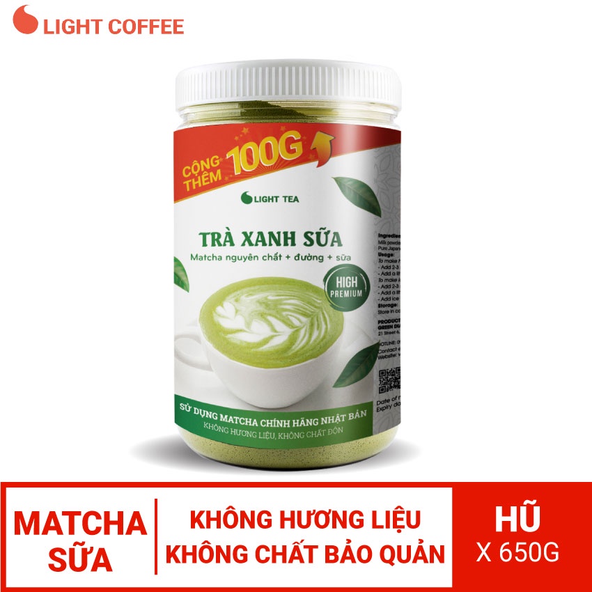 Bột trà xanh sữa, sử dụng matcha chính hãng Nhật Bản, thơm ngon, tiện lợi Light Coffee - Hũ 650g