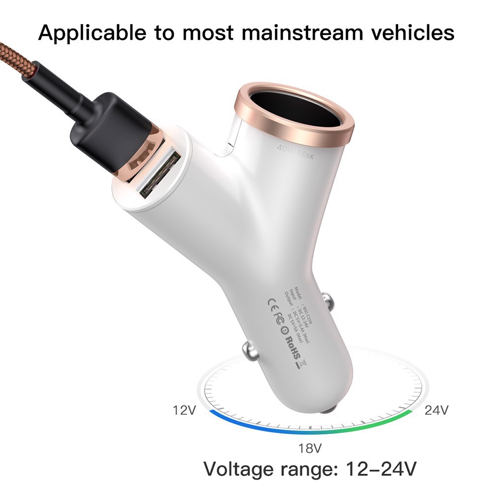 Tẩu Sạc Ô Tô Mở Rộng 3-in-1 Dùng Cho Xe Hơi Baseus Y Type Dual USB (40W, 3.4A Fast Charge, Intelligent Car charger)