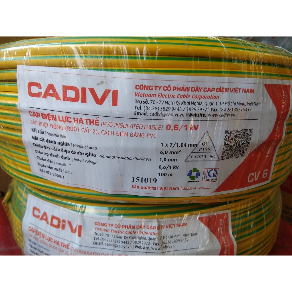 Dây te Cadivi Vàng Xanh cv 6.0 mm (dây tiếp địa , PE ) cuộn 100 mét - dây cáp điện cadivi 6.0