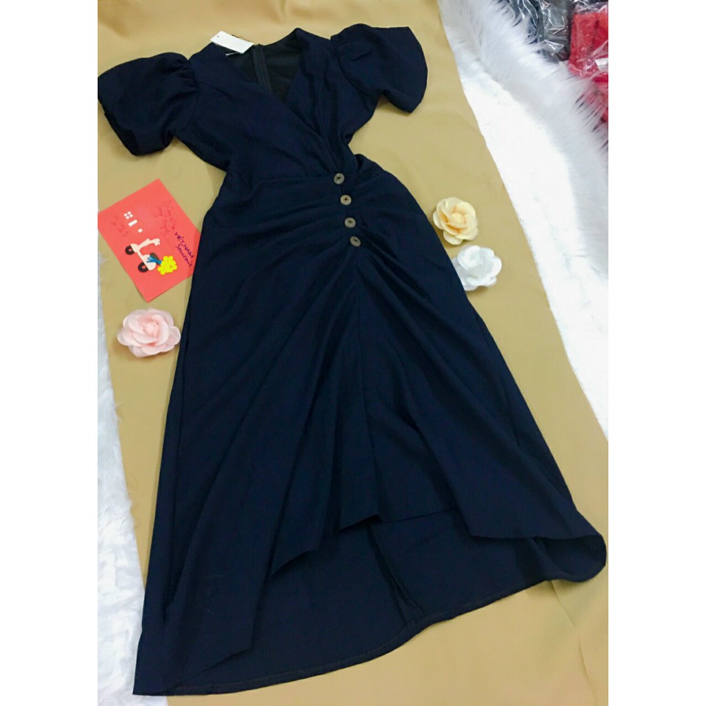 Đầm Dự Tiệc Đầm Thiết Kế Nhún Eo Cổ V Nút Gỗ Tôn Dáng Xinh Lung Linh195 | BigBuy360 - bigbuy360.vn