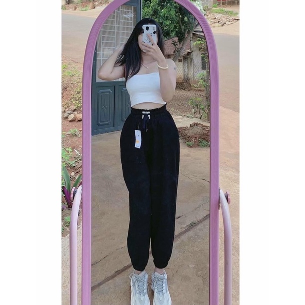 Quần baggy nhung phối  mạc,quần  lưng  thun bo gấu