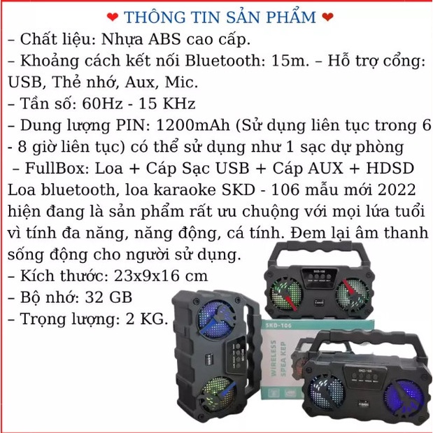 Loa bluetooth, loa karaoke SKD-106 mẫu mới 2022 với công suất lớn