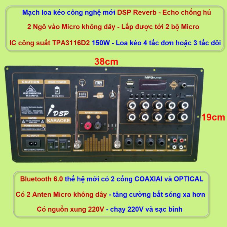 Mạch loa kéo Reverb chống hú IC TPA3116D2 150W cho loa kéo 4 tấc đơn hoặc 3 tấc đôi, 2 ngõ vào Micro không dây