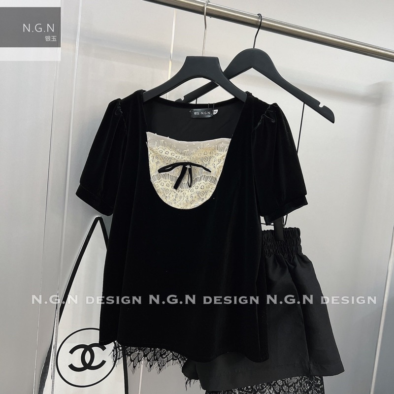 Sét áo nhung nơ quần tacta ren