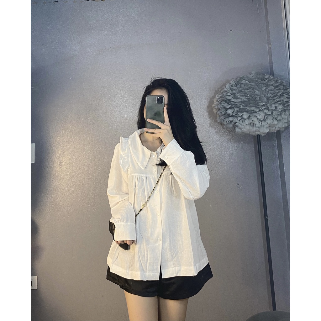 [Ảnh Thật] Áo Sơ-mi Nữ Thô Đũi Mềm Viền Bèo 2 Màu Trắng/Nâu | BigBuy360 - bigbuy360.vn