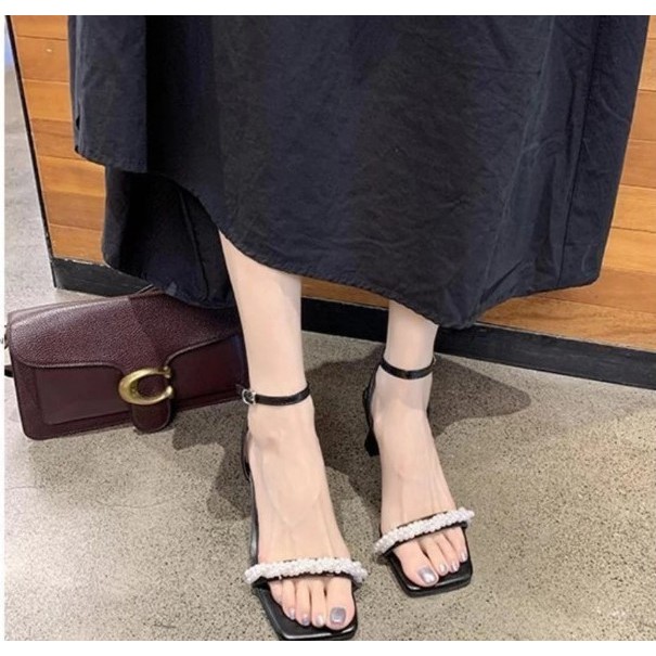 PAMELA - Sandal Nữ Cao Gót 5 phân Quai Bèo Đính Ngọc Xoắn Tiểu Thư 2021 - S