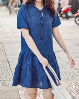 Đầm hạ eo xanh coban RUCHAN