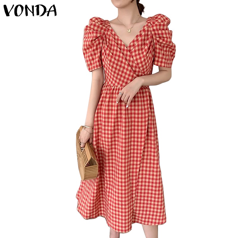 Đầm dài VONDA kẻ sọc caro cổ chữ V xẻ sâu kiểu xếp li ngắn tay phong cách Hàn Quốc quyến rũ cho nữ