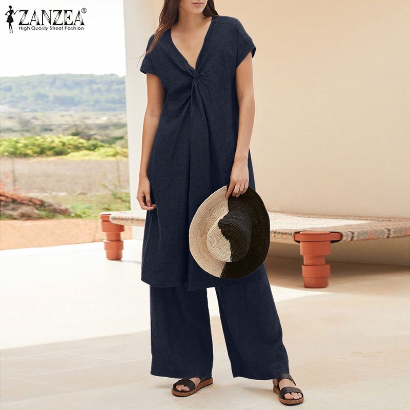 Set đồ 2 món ZANZEA áo tay ngắn cổ chữ V màu trơn thời trang dành cho nữ