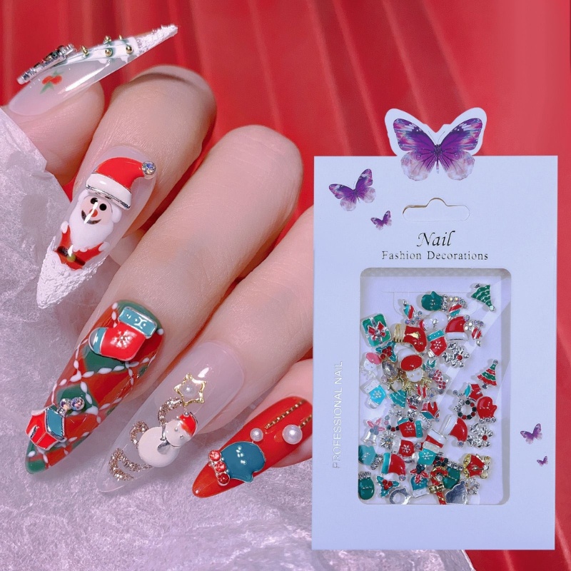 1 Túi Phụ Kiện Đính Trang Trí Móng Tay Bằng Kim Loại Họa Tiết Giáng Sinh Nhiều Màu Sắc