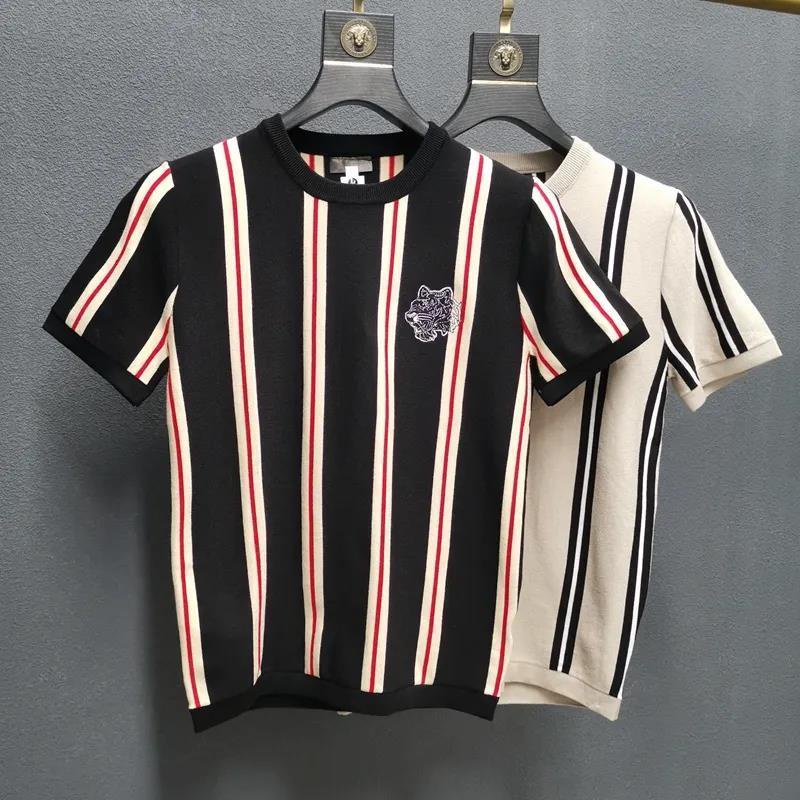 Áo Thun Dệt Kim Tay Ngắn Cổ Tròn Họa Tiết Kẻ Sọc Thời Trang Cho Nam