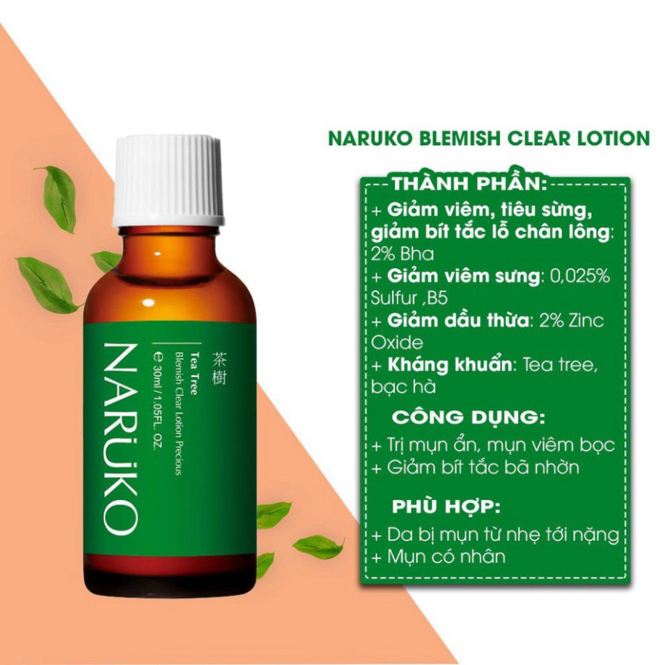 NARUKO - Lotion Tràm Trà Đậm Đặc Giảm Mụn Mảng, Mụn Đầu Đen 30ml – Tea Tree Blemish Clear Lotion Precious 30ml I2