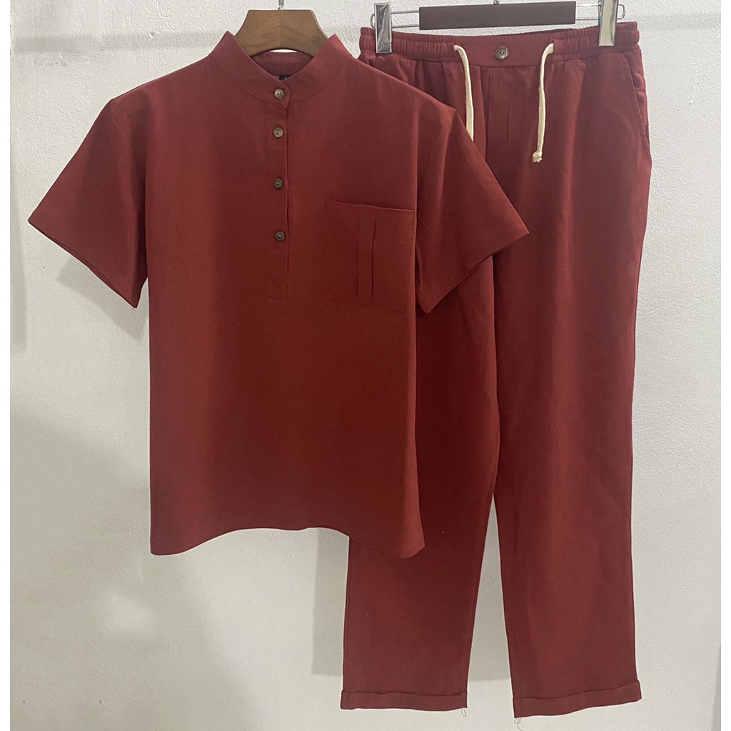 Bộ Đũi Nam, Áo Cộc Tay Cổ Tàu, Quần Chun Ống Suông Chất Đũi Thái, Form Chuẩn Chất Đũi Cao Cấp Chống Nhăn Mặc Mát Lạnh