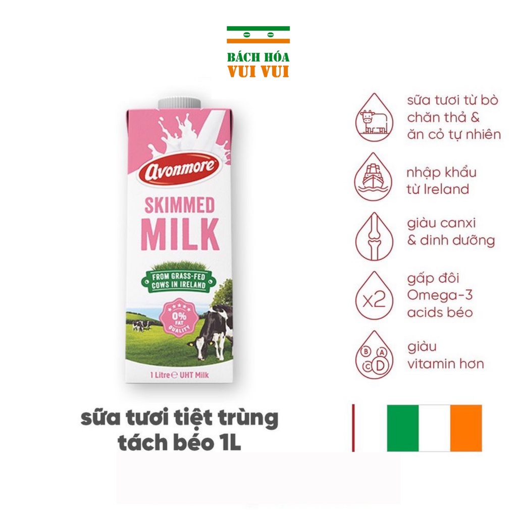 Sữa tươi tách béo tiệt trùng  Avonmore UHT Skimmed Milk 1L giảm cân giữ dáng hiệu quả tốt cho sức khỏe